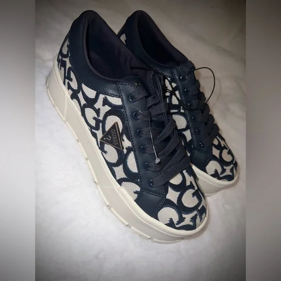 GUESS Women's Blue and Cream Patterned Platform Sneakers - Picture 2 of 10